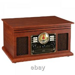 6-in-1 FM Radio Record Player W Speakers Nostalgic Bluetooth 3-Speed CD Cassette