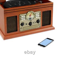 6-in-1 Nostalgic Bluetooth Record Player 3-Speed Turntable with CD and Cassette