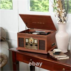 6-in-1 Nostalgic Bluetooth Record Player 3-Speed Turntable withCD&Cassette, Maghony