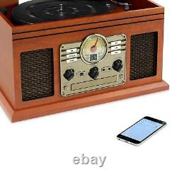 6-in-1 Nostalgic Bluetooth Record Player with 3-Speed Turntable with CD and Cas