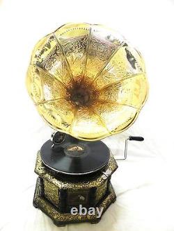 Antique Octagonal Gramophone Phonograph Crafted Machine With Brass Crafted Horn