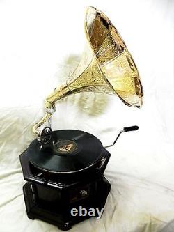 Antique Octagonal Gramophone Phonograph Fully Functional With Crafted Brass Horn