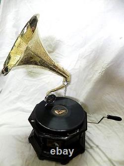 Antique Octagonal Gramophone Phonograph Fully Functional With Crafted Brass Horn