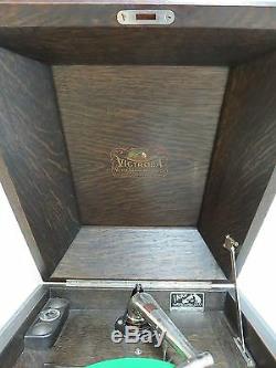 Antique Tiger Oak Carved Victrola Music Cabinet Record Player