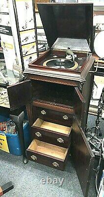 Gramaphone Victrola Antique Phonograph Cabinet Crank Record Player Working