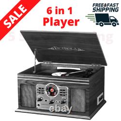 Nostalgic Bluetooth Record Player 6-In-1 3-Speed Turntable CD Cassette FM Radio