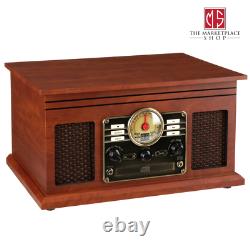 Record Player Vintage Turntable Speakers 3 Speed 6-in-1 Bluetooth CD FM Radio