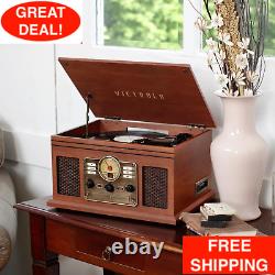 Record Player W Speakers 6-In-1 Nostalgic Bluetooth 3-Speed CD FM Radio Mahogany