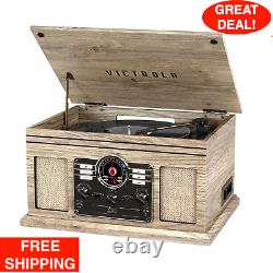 Record Player W Speakers 6-In-1 Nostalgic Bluetooth 3-Speed CD FM Radio Oatmeal