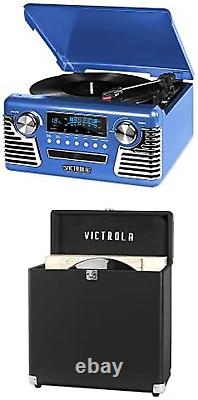 Retro Record Player Bluetooth 3-Speed Turntable (Blue) & Vintage Carrying Case