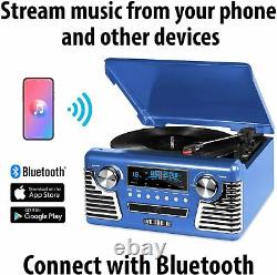 Retro Style Turntable Record Player 3 Speed Stereo CD Bluetooth Victrola Blue