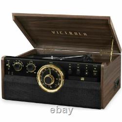 Victrola 6-in-1 Wood Bluetooth Mid Century Record Player with 3-Speed read dis