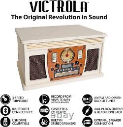 Victrola 8-in-1 Real Wood Turntable with CD, USB & Bluetooth White Color