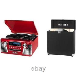 Victrola Retro Bluetooth Record Player Red & Vintage Vinyl Record Storage