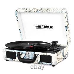 Vintage 3-Speed Bluetooth Suitcase Turntable with Speakers, Retro Map Wireless