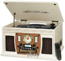 Wooden Record Player Victrola 7-in-1 Bluetooth USB Recording White Play Vinyl